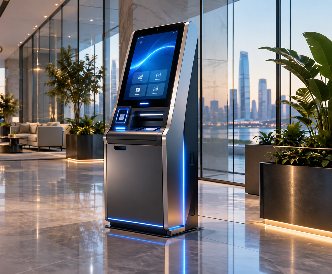 Futuristic kiosk inside modern company representing QTEC Technology
